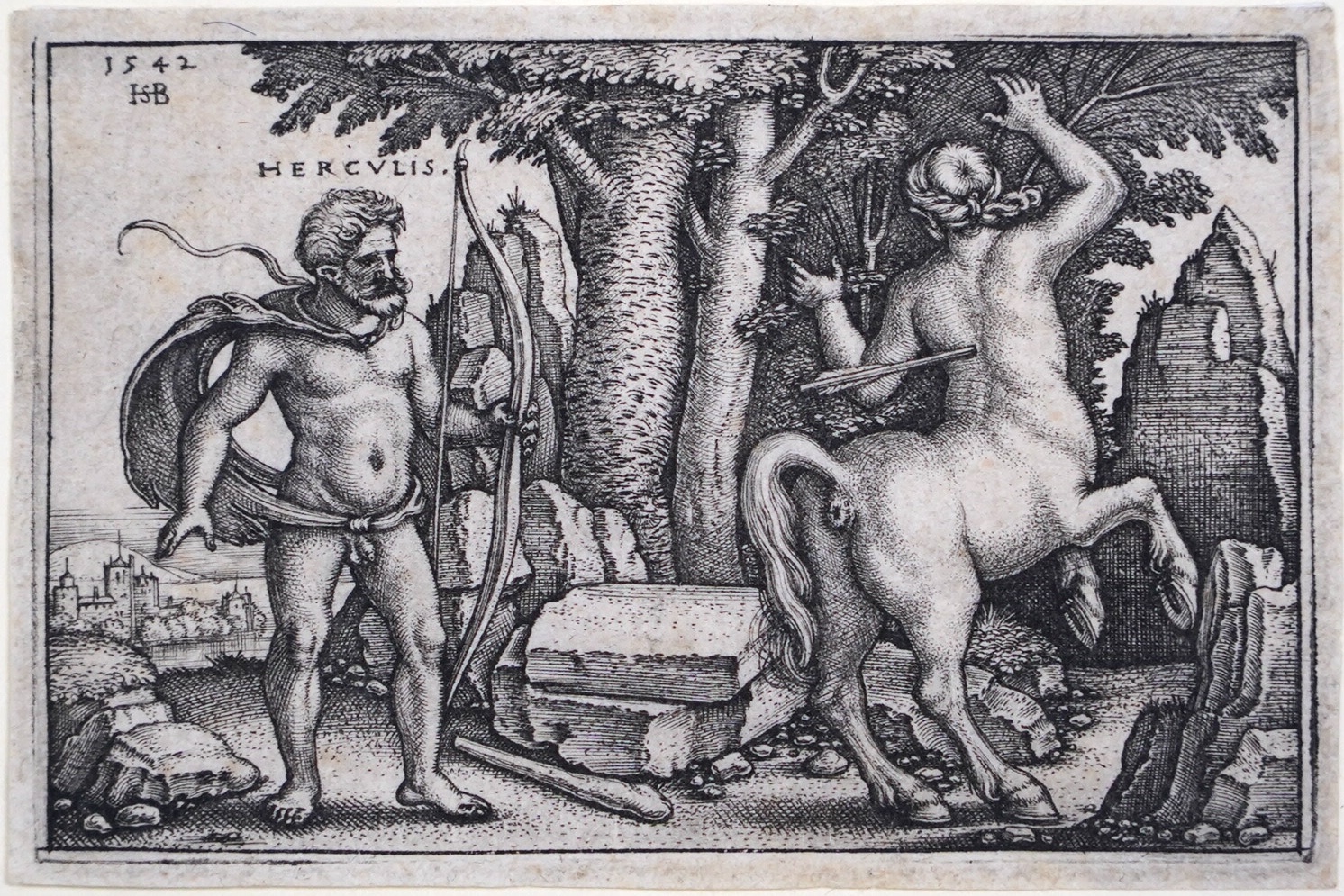 Hans Sebald Beham (German, 1500-1550), Hercules killing Nessus, original engraving 1542, 5 x 8cm